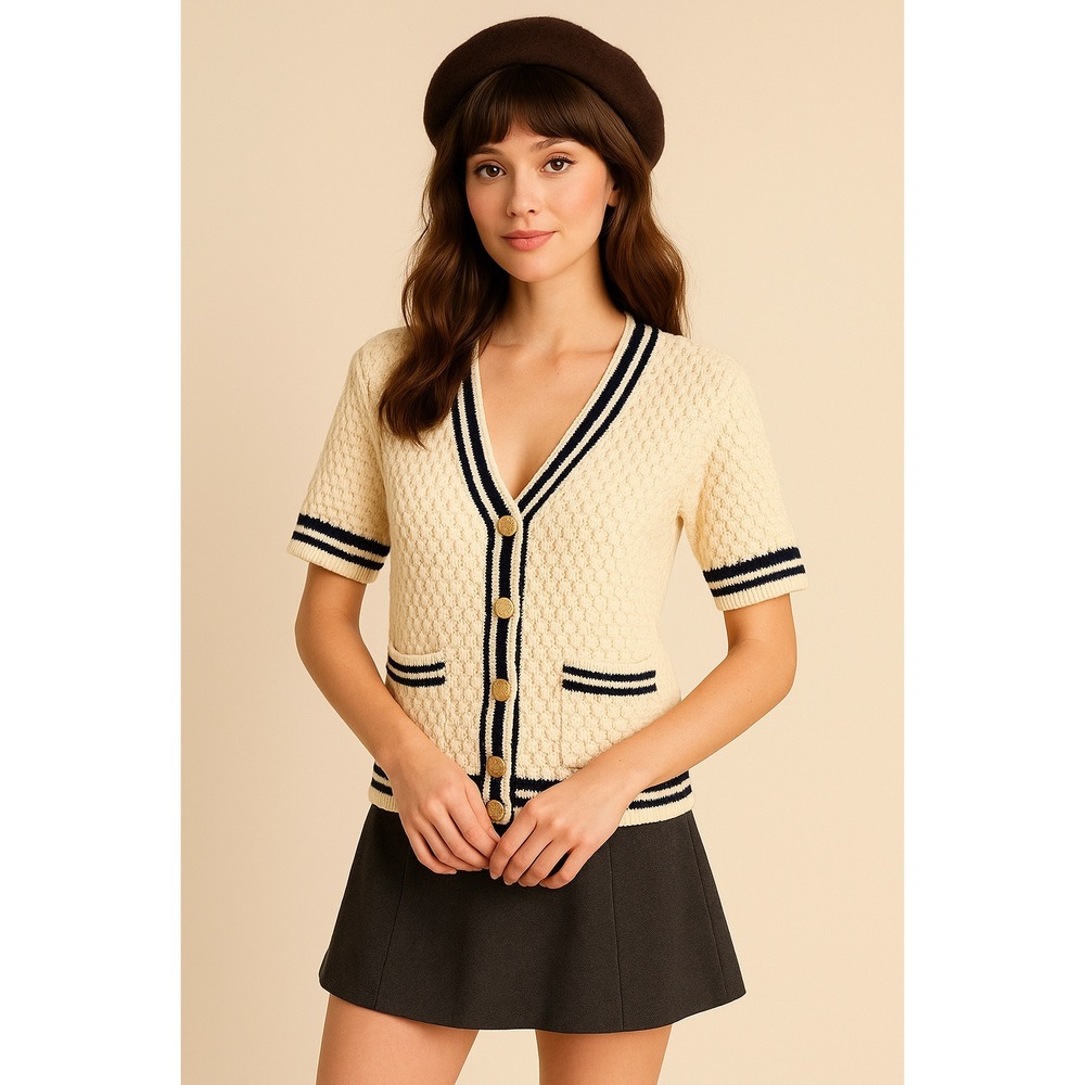 Lulus Cream Navy Textured Knit Short Sleeve Cardigan Size S Preppy Twee Chic